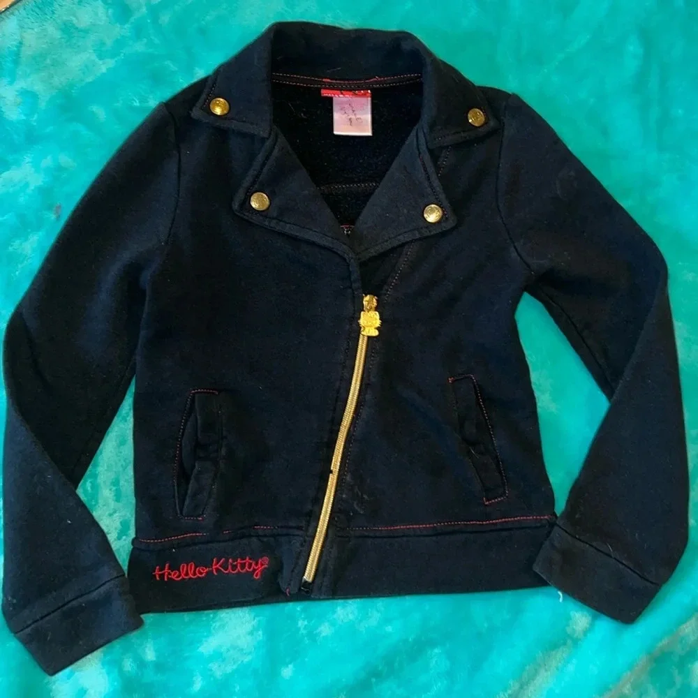 Sanrio Hello Kitty black and red zip up jacket. Sequin hello kitty back. Size 6